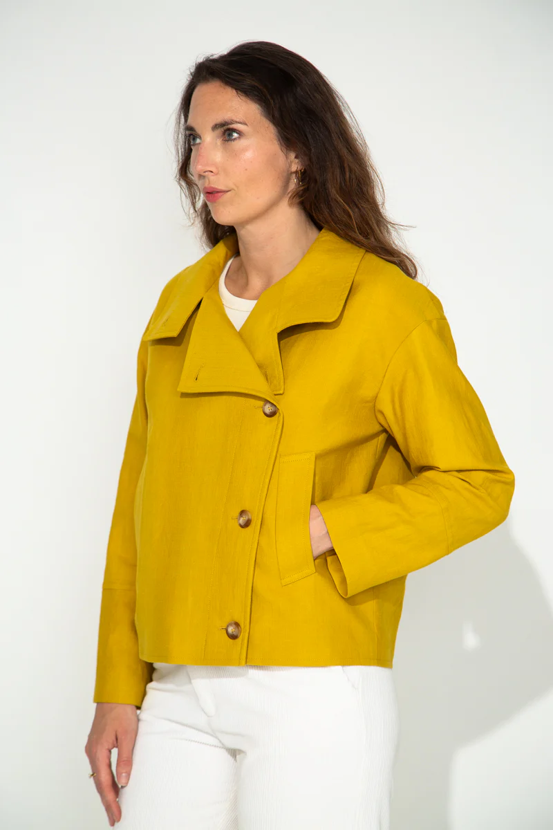 SOFAR - Manteau asymétrique oversize coton et lin jaune - Image 3